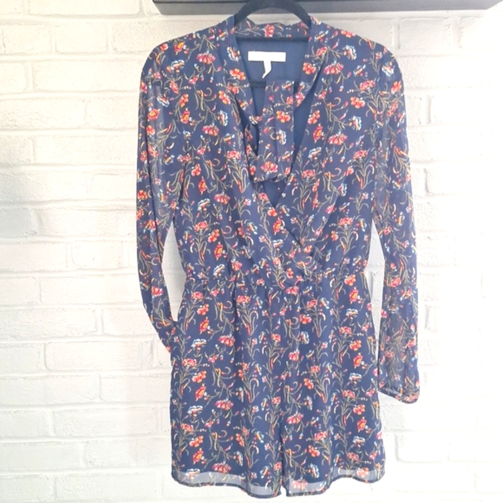 BCBGeneration Navy V-Neck Romper. Long-Sleeved Sheer Lined Floral. Size S